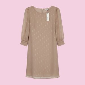 BB DAKOTA🎀Cream/Taupe A-Line Dress🎀Sheer Sleeve🎀Elegant Flow🎀NWT🎀SZ Small🎀Chic!